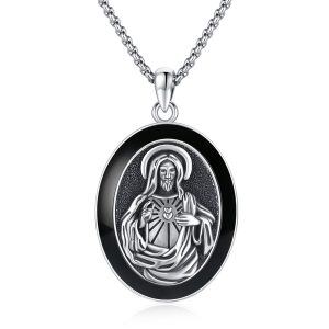 Sterling Silver Sacred Heart of Jesus Medal Onyx Pendant Necklace with Stainless Steel Chain-0