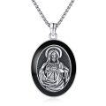 wholesale 925 Sterling Silver Oval Jesus Heart of God Medal Pendant Necklace with Black Enamel and Cross Charm-0-0