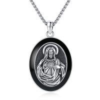 wholesale 925 Sterling Silver Oval Jesus Heart of God Medal Pendant Necklace with Black Enamel and Cross Charm- Oxidized/Oxidised