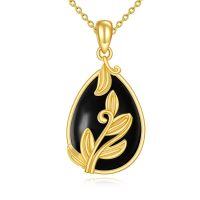 wholesale Gold-Plated 925 Sterling Silver Teardrop Onyx Leaf Design Pendant Necklace - Elegant Fashion Accessory for Women and Girls- Gold Plated