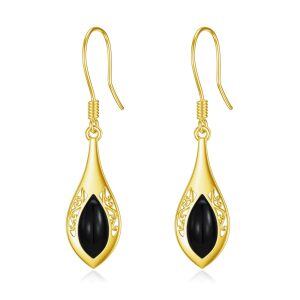 Sterling Silver Filigree Rhombus Onyx Dangle Earrings-0