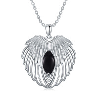 wholesale 925 Sterling Silver Black Onyx Gemstone Angel Wing Pendant Necklace s for Women- Rhodium Plated