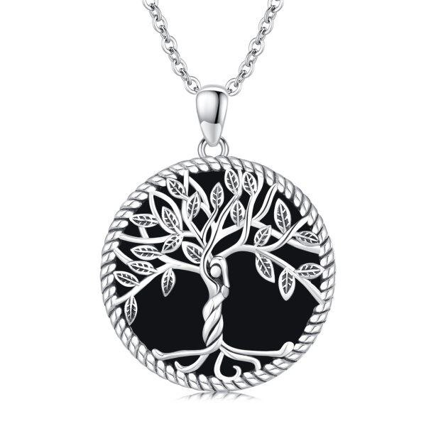 Sterling Silver Tree of Life Onyx Pendant Necklace-0