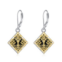 wholesale 925 Sterling Silver Black Onyx Gold Celtic Knot Tree Of Life Dangle Earrings For Women Girls- Rhodium And Gold Plated