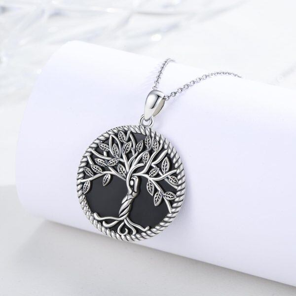 Sterling Silver Tree of Life Onyx Pendant Necklace-4