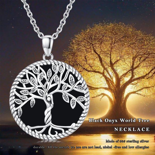 Sterling Silver Tree of Life Onyx Pendant Necklace-6