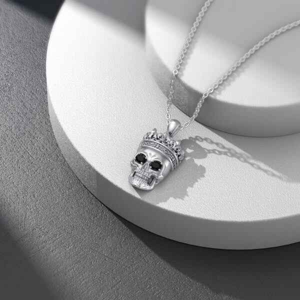 Sterling Silver Skull Onyx Pendant Necklace-3