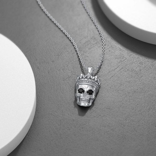 Sterling Silver Skull Onyx Pendant Necklace-4