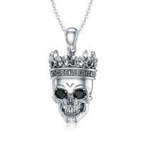 wholesale 925 Sterling Silver Black Onyx King Skull Necklace with Crown Pendant Gothic Jewellery- Rhodium Plated