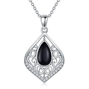 Sterling Silver Flilgree Onyx Pendant Necklace-0