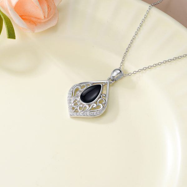 Sterling Silver Flilgree Onyx Pendant Necklace-1