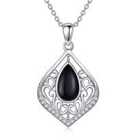 wholesale 925 Sterling Silver Metal Filigree Teardrop Black Onyx Pendant Necklace for Women- Rhodium Plated