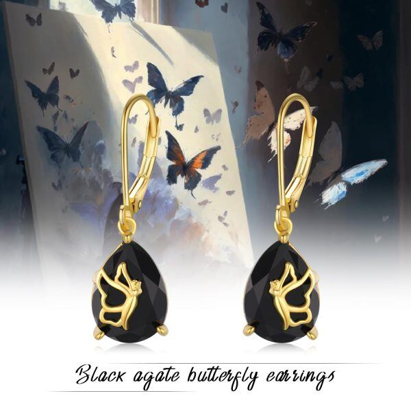 Sterling Silver Butterfly Onyx Dangle Earrings-5