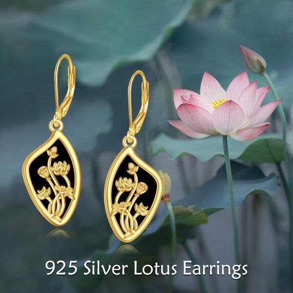 Sterling Silver Lotus Flower Onyx Dangle Earrings-5