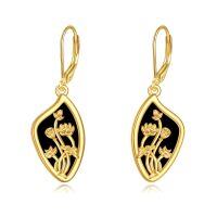 wholesale 925 Sterling Silver Gold Plated Black Onyx Lotus Lily Hibiscus Flower Drop Earrings- Gold Plated