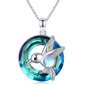 Sterling Silver Hummingbird Moonstone Pendant Necklace with Crystal Circle-0