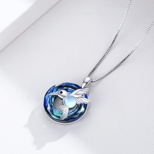 Sterling Silver Hummingbird Moonstone Pendant Necklace with Crystal Circle-5