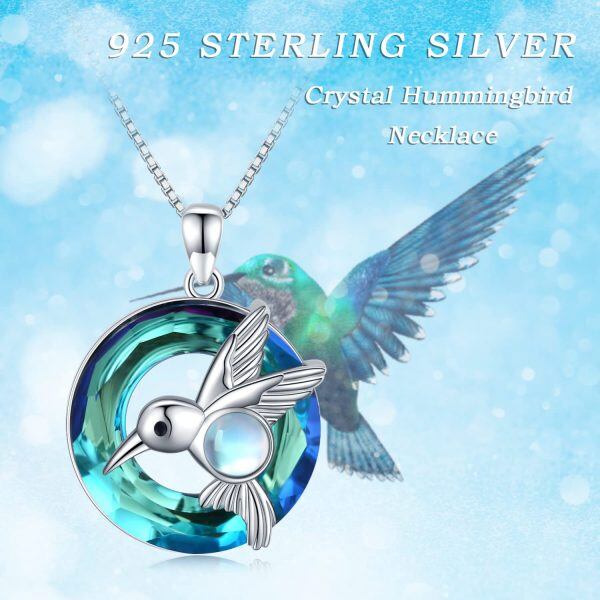 Sterling Silver Hummingbird Moonstone Pendant Necklace with Crystal Circle-6