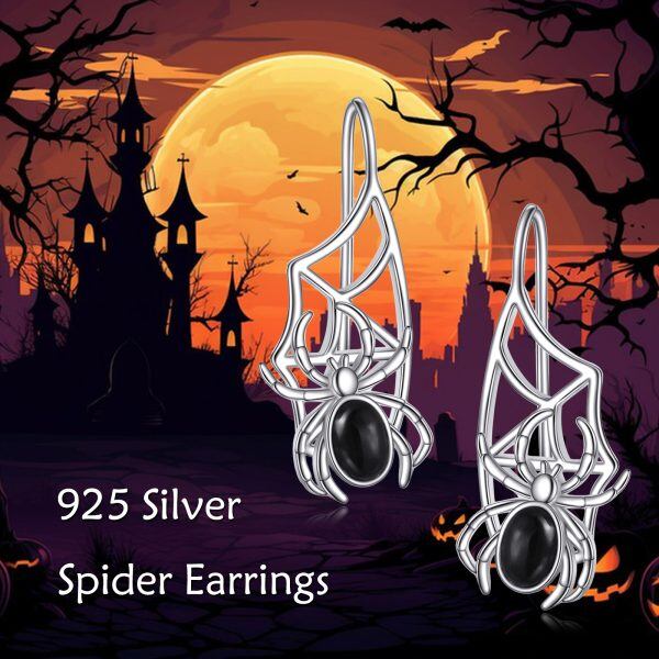 Sterling Silver Spider Onyx Dangle Earrings-5