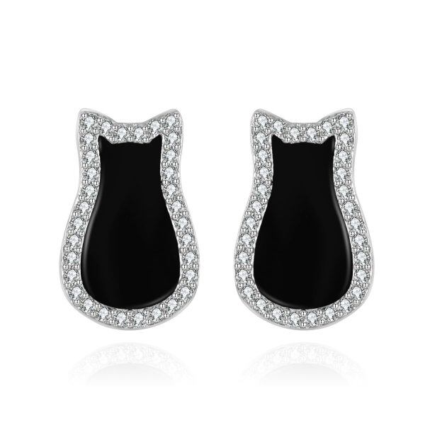 Sterling Silver Onyx Cat Stud Earring-0