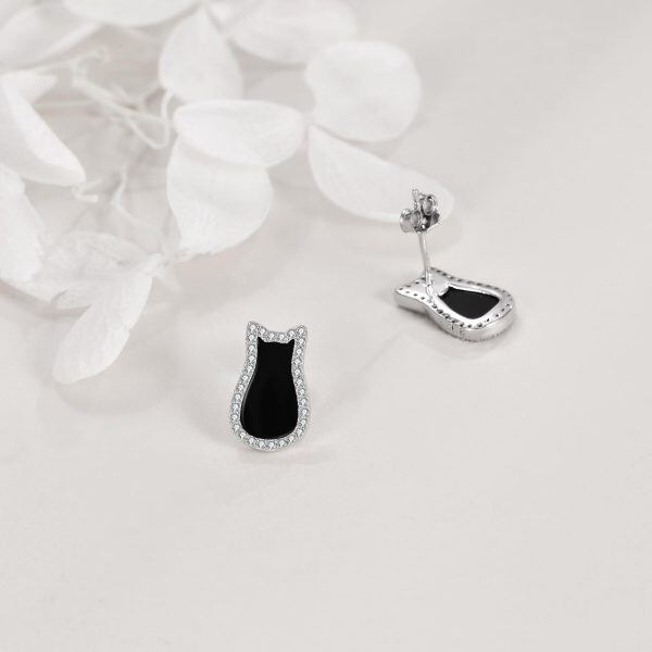 Sterling Silver Onyx Cat Stud Earring-4