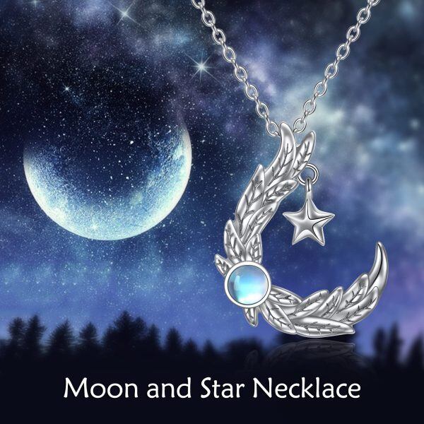 Sterling Silver Crescent Moon Star Moonstone Pendant Necklace-5