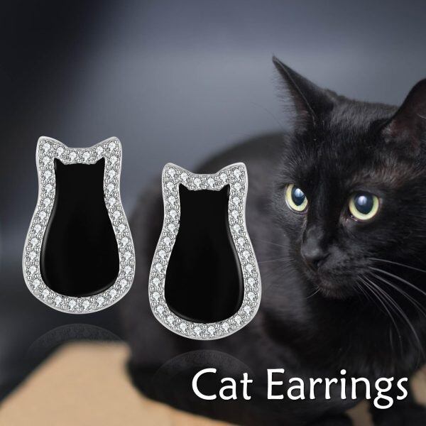 Sterling Silver Onyx Cat Stud Earring-5