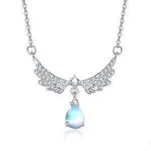 Sterling Silver Rainbow Moonstone Angel Wing Pendant Necklace-0