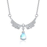 wholesale 925 Sterling Silver Rainbow Moonstone Teardrop Angel Wings Pendant Necklace for Women- Rhodium Plated