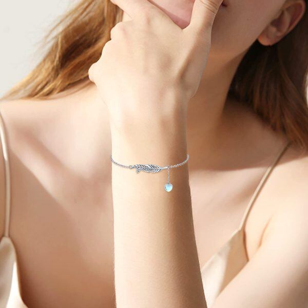 Sterling Silver Feather Moonstone Chain Bracelets-2