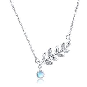 Sterling Silver Olive Leaf Moonstone Pendant Necklace-0