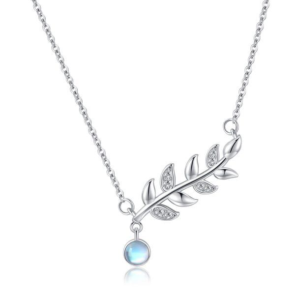 Sterling Silver Olive Leaf Moonstone Pendant Necklace-0