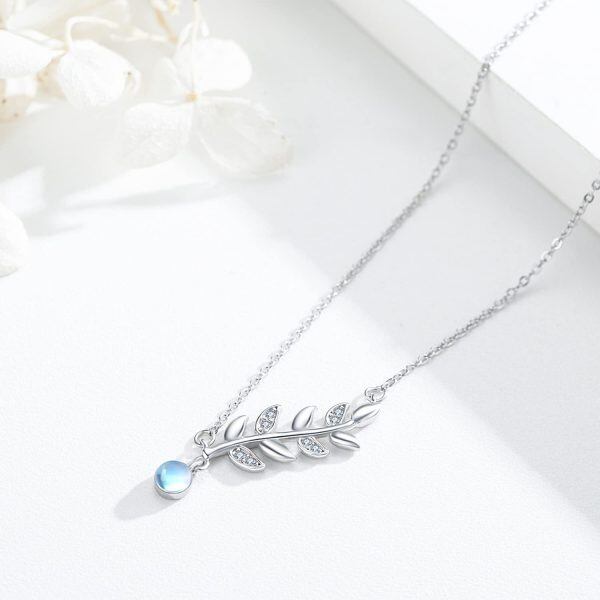 Sterling Silver Olive Leaf Moonstone Pendant Necklace-4