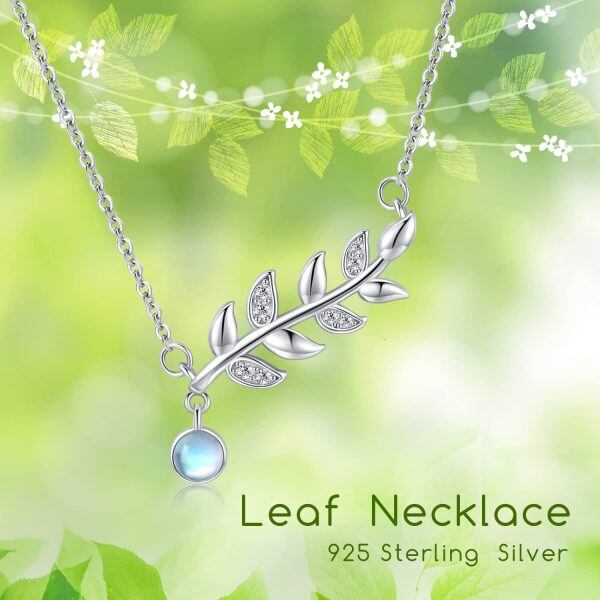 Sterling Silver Olive Leaf Moonstone Pendant Necklace-5