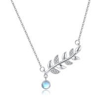 wholesale 925 Sterling Silver with Blue Moonstone and Olive Branch Design Pendant Necklace for Women & Girls- Rhodium Plated