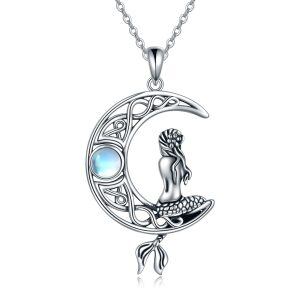 Sterling Silver Sea Mermaid Moon Pendant Necklace with Moonstone-0