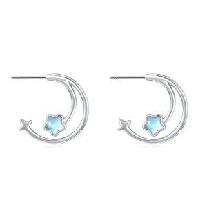 Sterling Silver Star Moonstone Half Stud Earrings-0