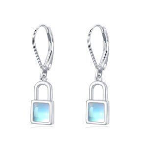 Sterling Silver Moonstone Lock Dangle Earrings-0