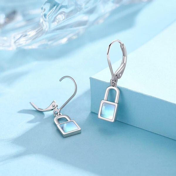 Sterling Silver Moonstone Lock Dangle Earrings-3