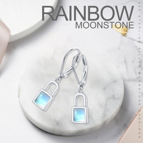 Sterling Silver Moonstone Lock Dangle Earrings-4