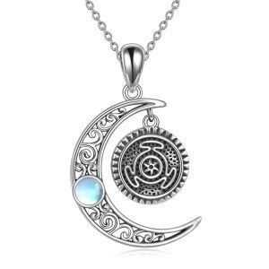 Sterling Silver Crescent Moon Wheel of Hecate Pendant Necklace with Moonstone-0