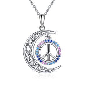 Sterling Silver Celtic Knot Crescent Moon Pendant Necklace with Peace Sign-0