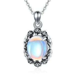 Sterling Silver Oxidized Rose Around Moonstone Pendant Necklace-0