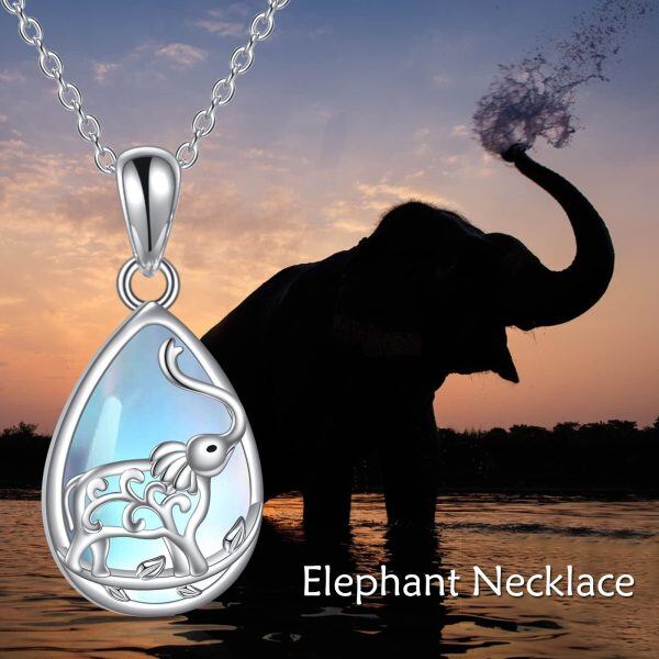 Sterling Silver Elephant Teardrop Moonstone Pendant Necklace-5