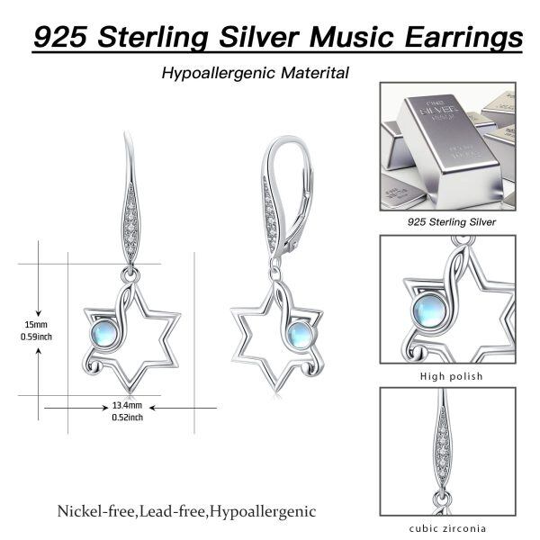 Sterling Silver Star Music Note Dangle Earrings with Moonstone-1