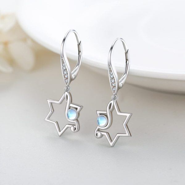 Sterling Silver Star Music Note Dangle Earrings with Moonstone-4