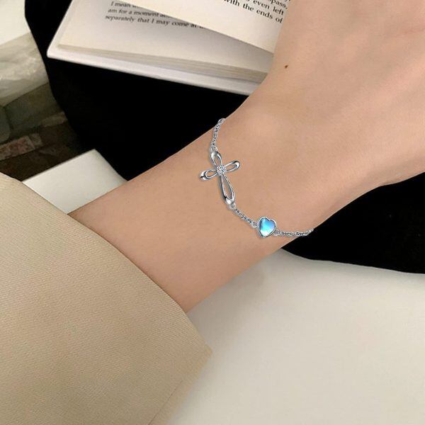 Sterling Silver Moonstone Cross Chain Bracelets-3