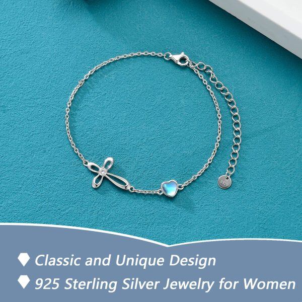 Sterling Silver Moonstone Cross Chain Bracelets-4