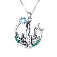 wholesale 925 Sterling Silver Cactus & Crescent Moon Pendant w/ Blue Simulated Moonstone for Women's Necklaces Gifts- Oxidized/Oxidised
