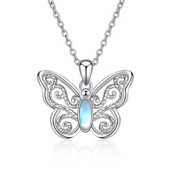 Sterling Silver Filigree Butterfly Moonstone Pendant Necklace-0